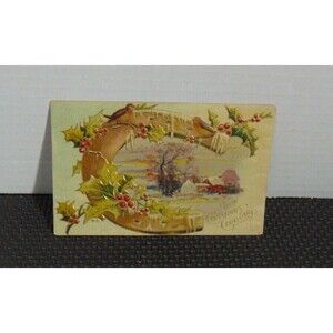 1900s MERRY CHRISTMAS Embossed Greetings Postcard farmhouse Holly 2c stamp